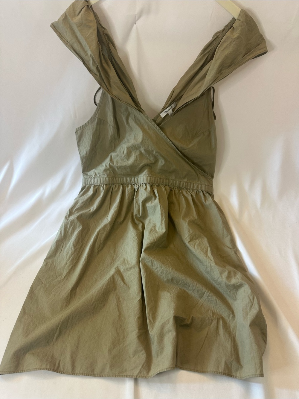 Madewell Cold-Shoulder Ruffle Sheath Dress V-Neck Crisp Cotton Khaki Size 12